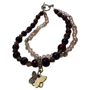 Handmade Butterfly Double Strand Pink Toggle Bracelet